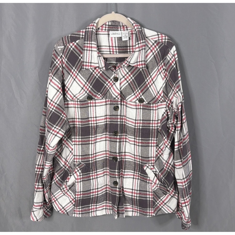 The Vermont Country Store Shirt Jacket Womens 2X Gray Plaid Flannel Shacket